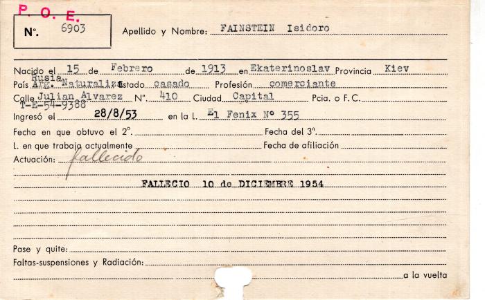 Ficha de miembro de Isidoro Fainstein.