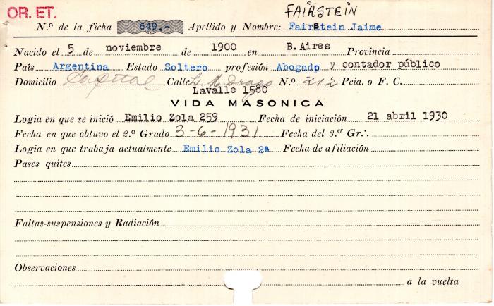 Ficha de miembro de Jaime Fairstein.