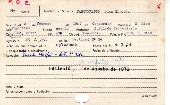 Ficha de miembro de Juan Ernesto Farquharson.