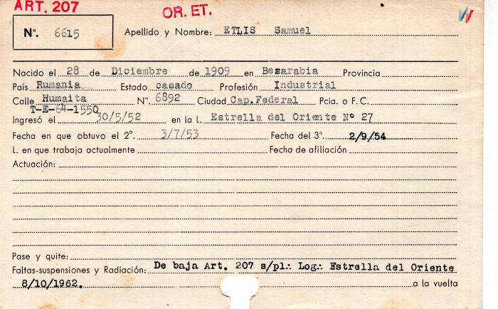 Ficha de miembro de Samuel Etlis.