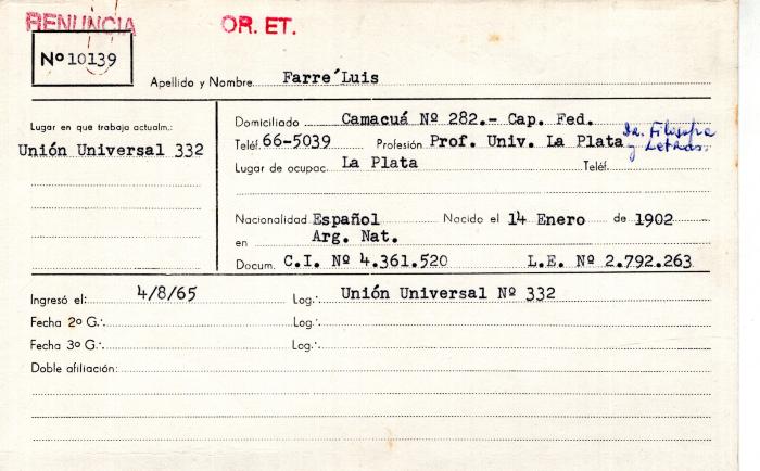 Ficha de miembro de Luis Farré.