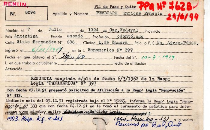 Ficha de miembro de Enrique Ernesto Febbraro.