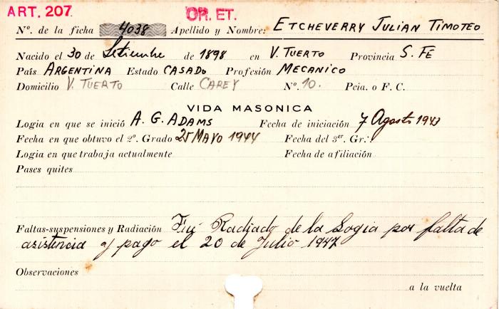 Ficha de miembro de Julian Timoteo Etcheverry.