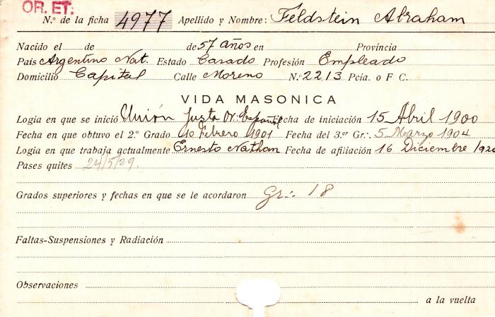Ficha de miembro de Abraham Feldstein.