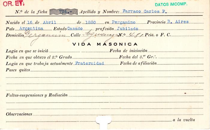 Ficha de miembro de Carlos P. Farraco.