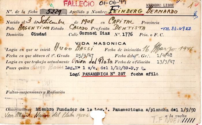 Ficha de miembro de Bernardo Feinberg.