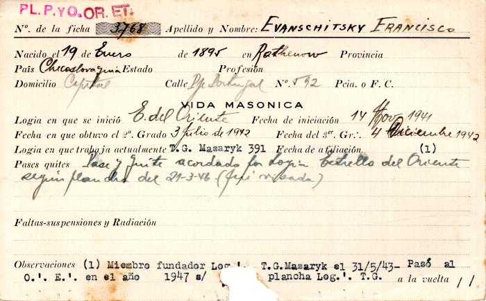 Ficha de miembro de Francisco Evanschitsky.