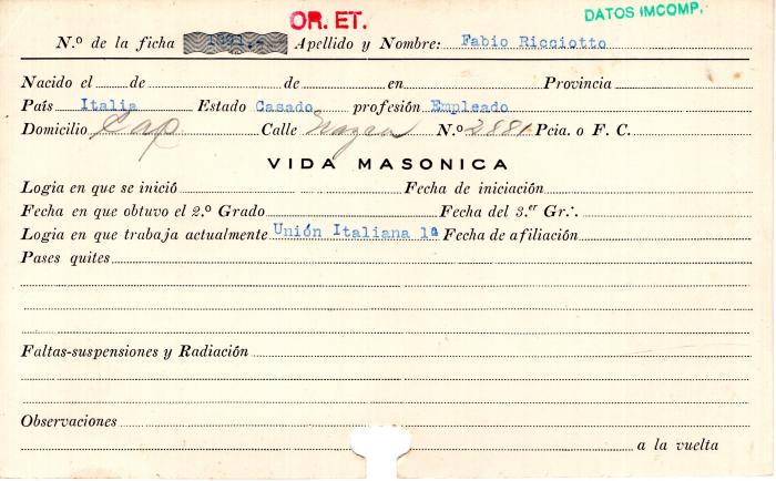 Ficha de miembro de Ricciotto Fabio.