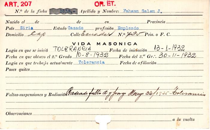 Ficha de miembro de Salem J. Fahaun.