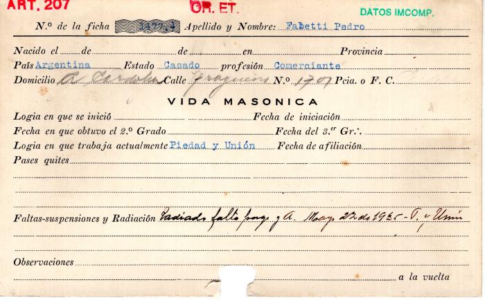Ficha de miembro de Pedro Fabetti.