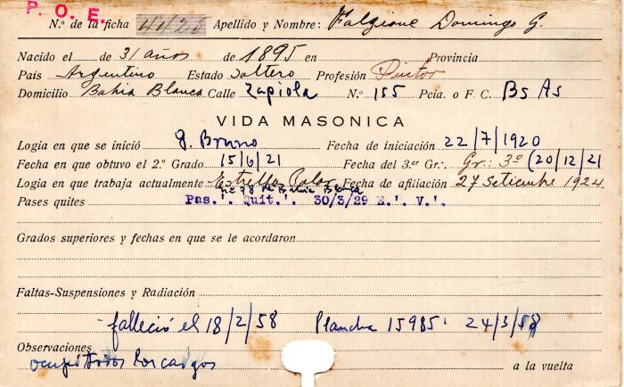 Ficha de miembro de Domingo G. Falguione.