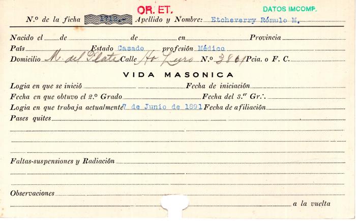 Ficha de miembro de Rómulo M. Etcheverry.