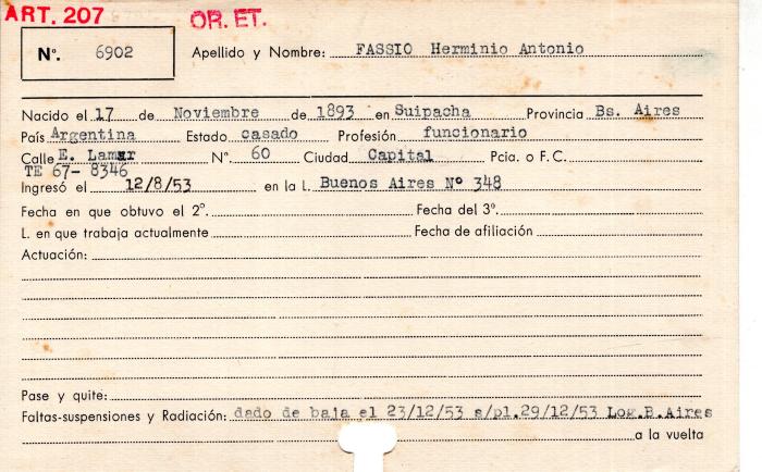 Ficha de miembro de Herminio Antonio Fassio.