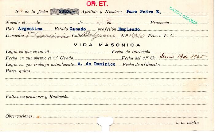 Ficha de miembro de Pedro E. Faro.