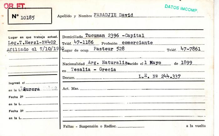 Ficha de miembro de David Faradjie.