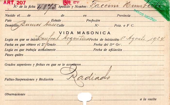 Ficha de miembro de Humberto Faccini.