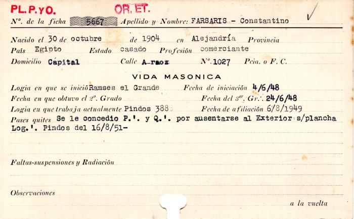 Ficha de miembro de Constantino Farsaris.