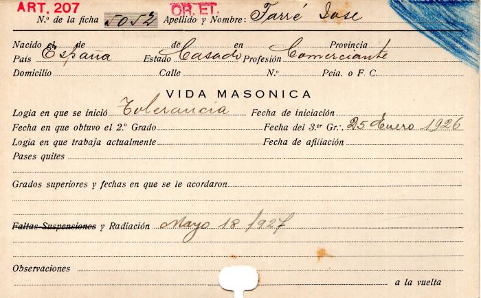 Ficha de miembro de José Farré.