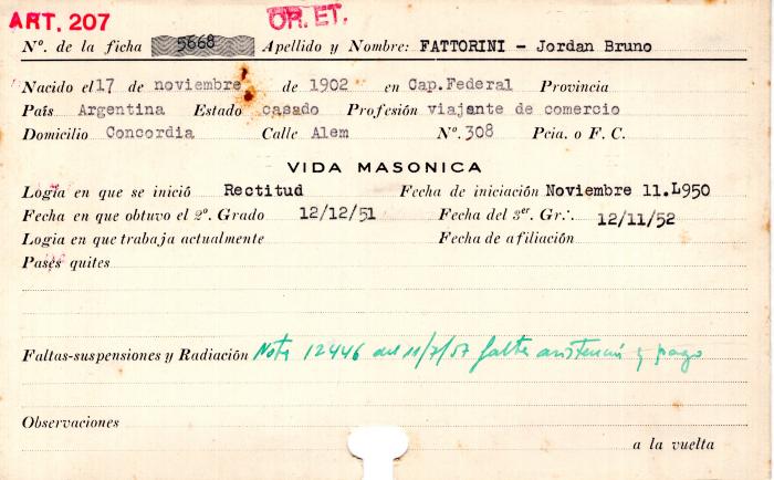 Ficha de miembro de Jordan Bruno Fattorini.