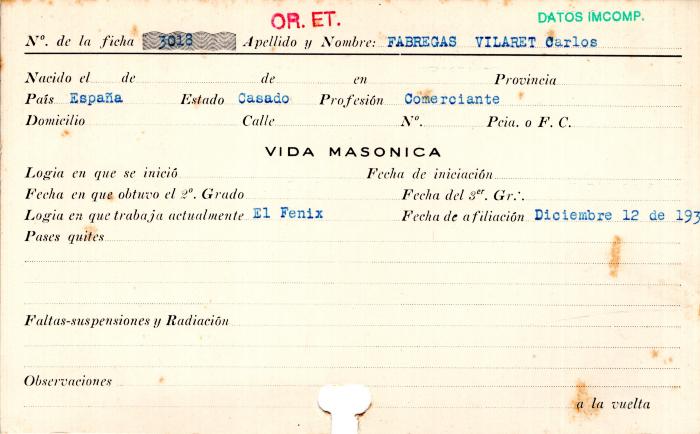 Ficha de miembro de Carlos Fabregas Vilaret.