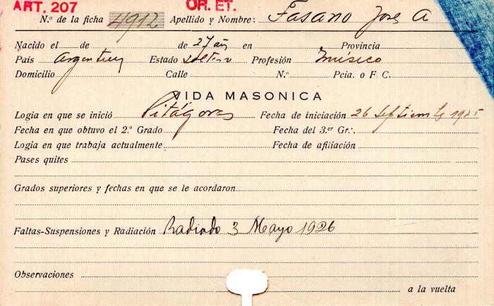Ficha de miembro de José A. Fasano.