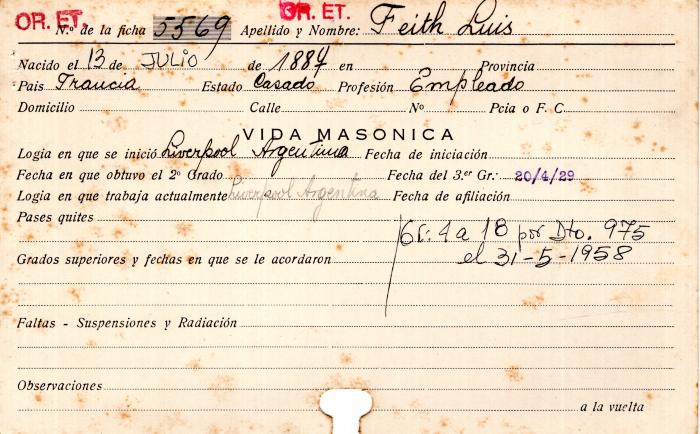 Ficha de miembro de Luis Feith.
