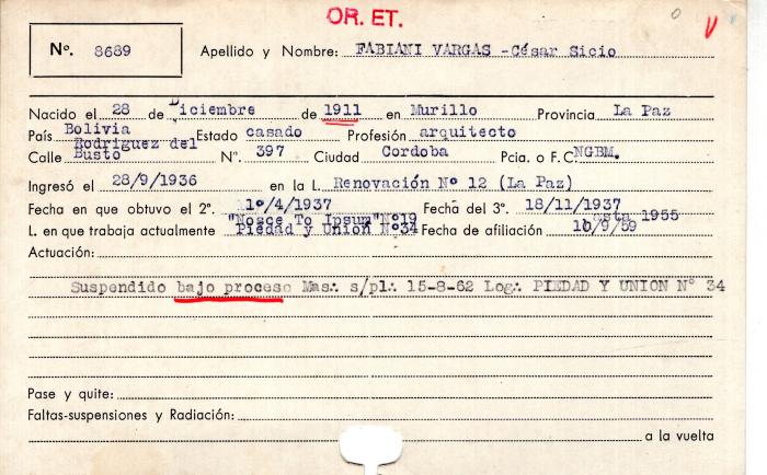 Ficha de miembro de César Sicio Fabiani Vargas.