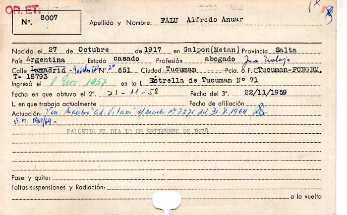 Ficha de miembro de Alfredo Anuar Falu.