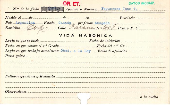 Ficha de miembro de Juan T. Feguerero.