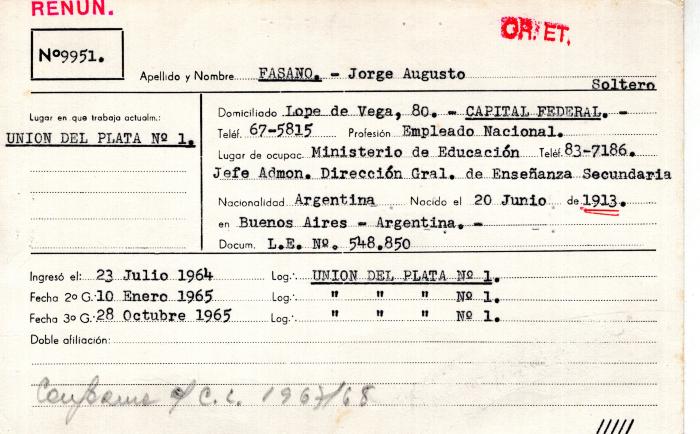 Ficha de miembro de Jorge Augusto Fasano.