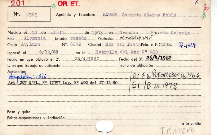 Ficha de miembro de Gerardo Máximo Pablo Exner.