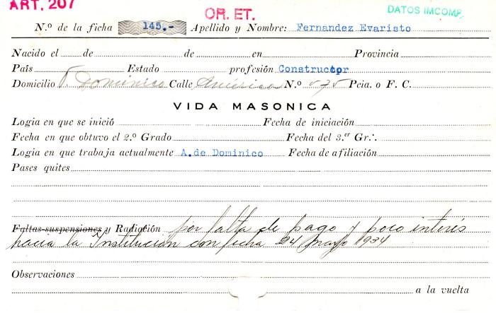 Ficha de miembro de Evaristo Fernandez.