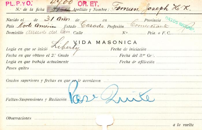 Ficha de miembro de Joeph H. K. Ferman.
