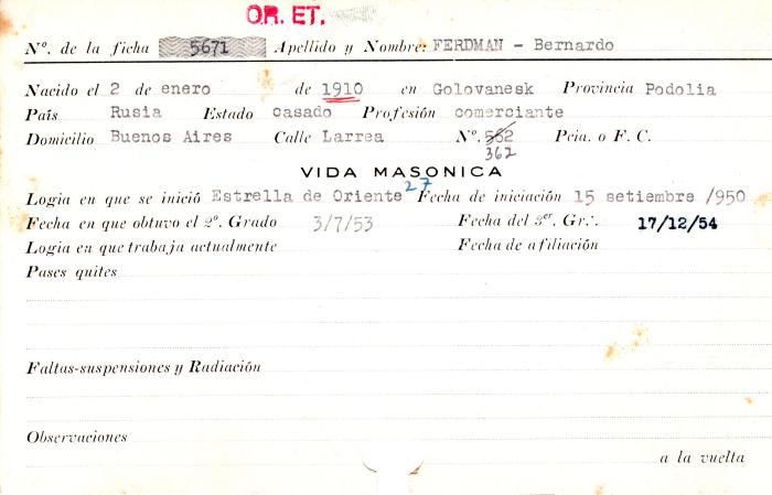 Ficha de miembro de Bernardo Ferdman.