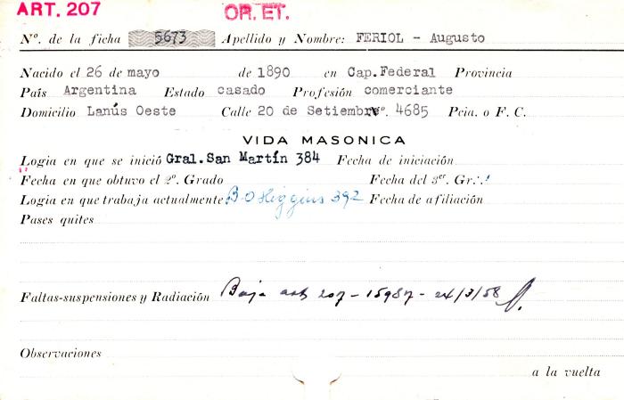 Ficha de miembro de Augusto Feriol.
