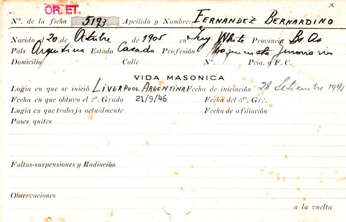 Ficha de miembro de Bernardino Fernandez.