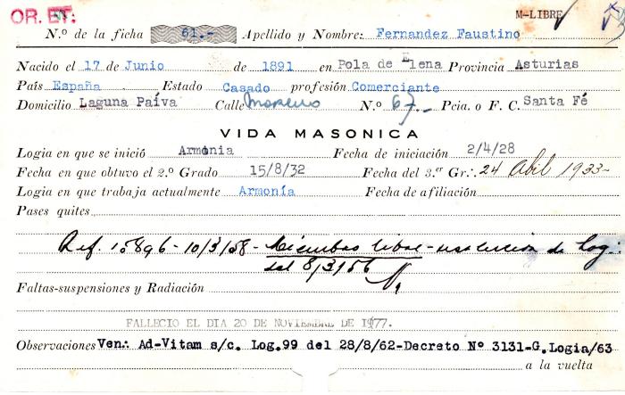 Ficha de miembro de Faustino Fernandez.