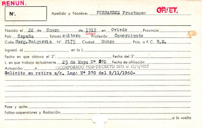Ficha de miembro de Fructuoso Fernandez.