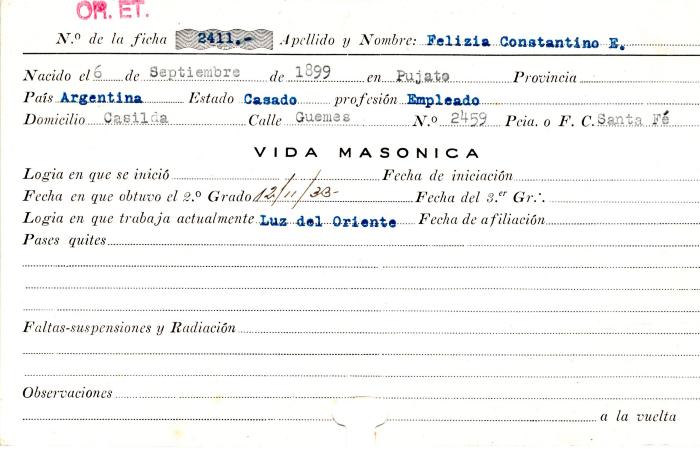 Ficha de miembro de Constatino E. Felizia.