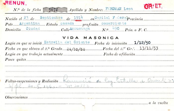 Ficha de miembro de León Ferdman.