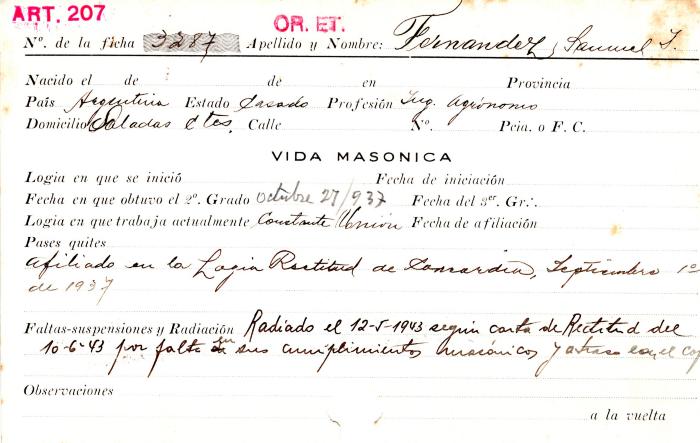 Ficha de miembro de Samuel J. Fernandez.