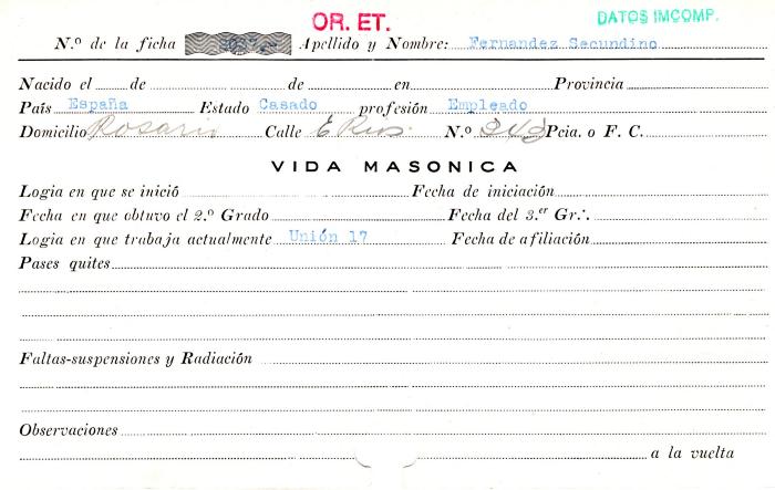 Ficha de miembro de Secundino Fernandez.