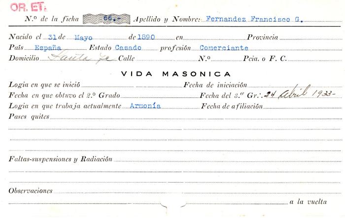 Ficha de miembro de Francisco G. Fernandez.