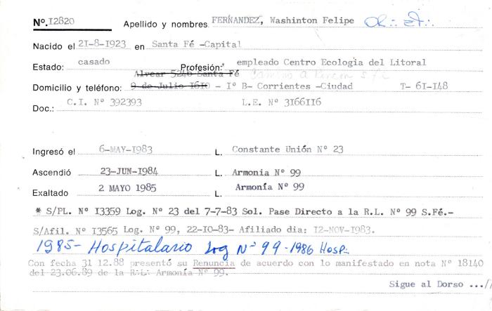 Ficha de miembro de Washington Felipe Fernandez.