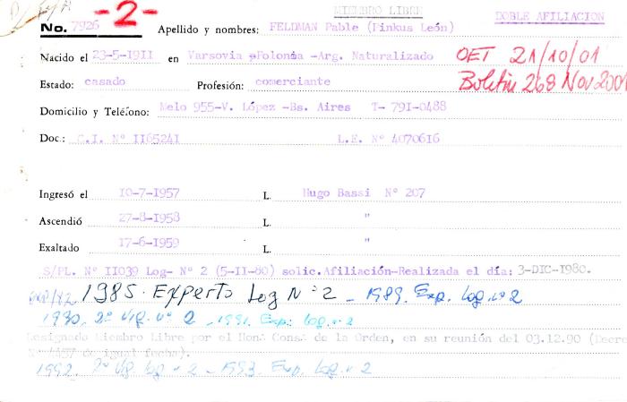Ficha de miembro de Pinkus León Feldman.