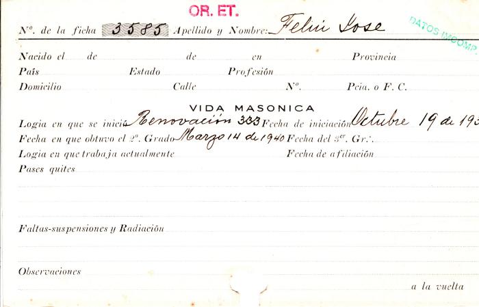 Ficha de miembro de José Feliú.