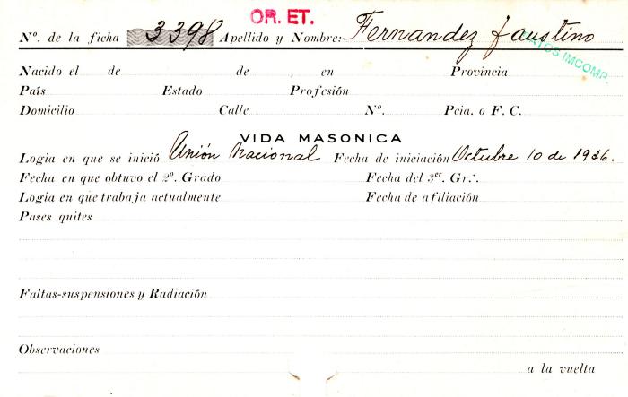 Ficha de miembro de Faustino Fernandez.
