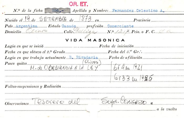 Ficha de miembro de Celestino Fernandez.