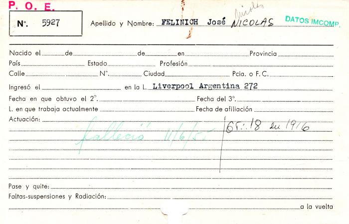 Ficha de miembro de José Nicolás Felinich.