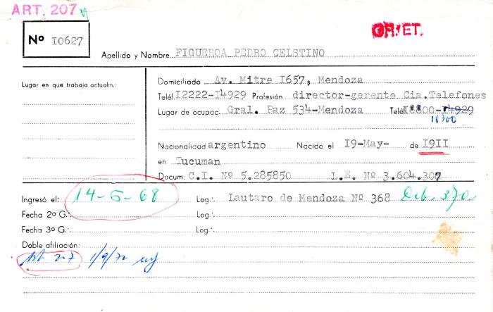 Ficha de miembro de Pedro Celestino Figueroa.